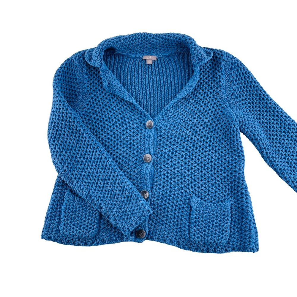 J. Jill Women's Blue Textured Knit Cardigan Sweater Mp Petite 100% Cotton